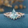 Kite Cut Natural Green Moss Agate Cluster Engagement Ring
