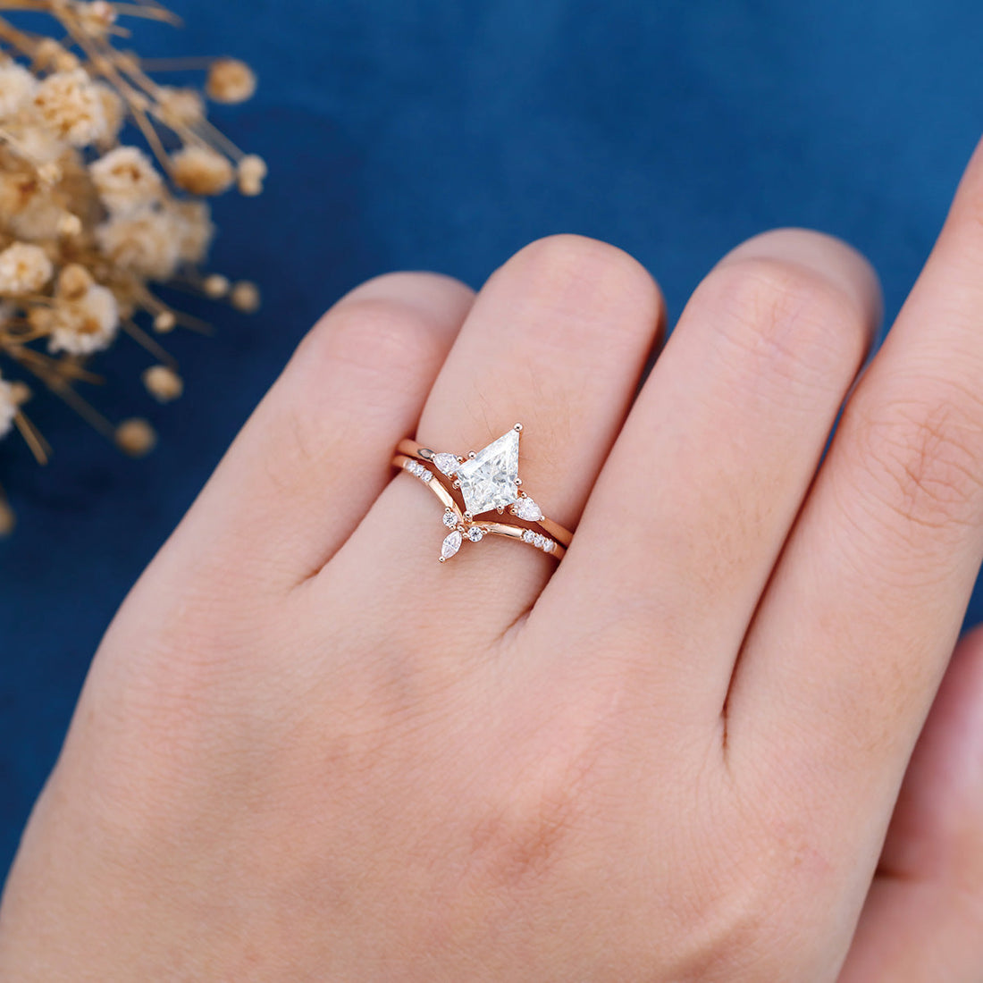 Kite cut Lab-Grown Diamond Rose gold Cluster Diamond Wedding Bridal Set