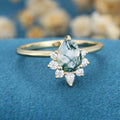 Pear Cut Natural Green Moss Agate Cluster Engagement Ring