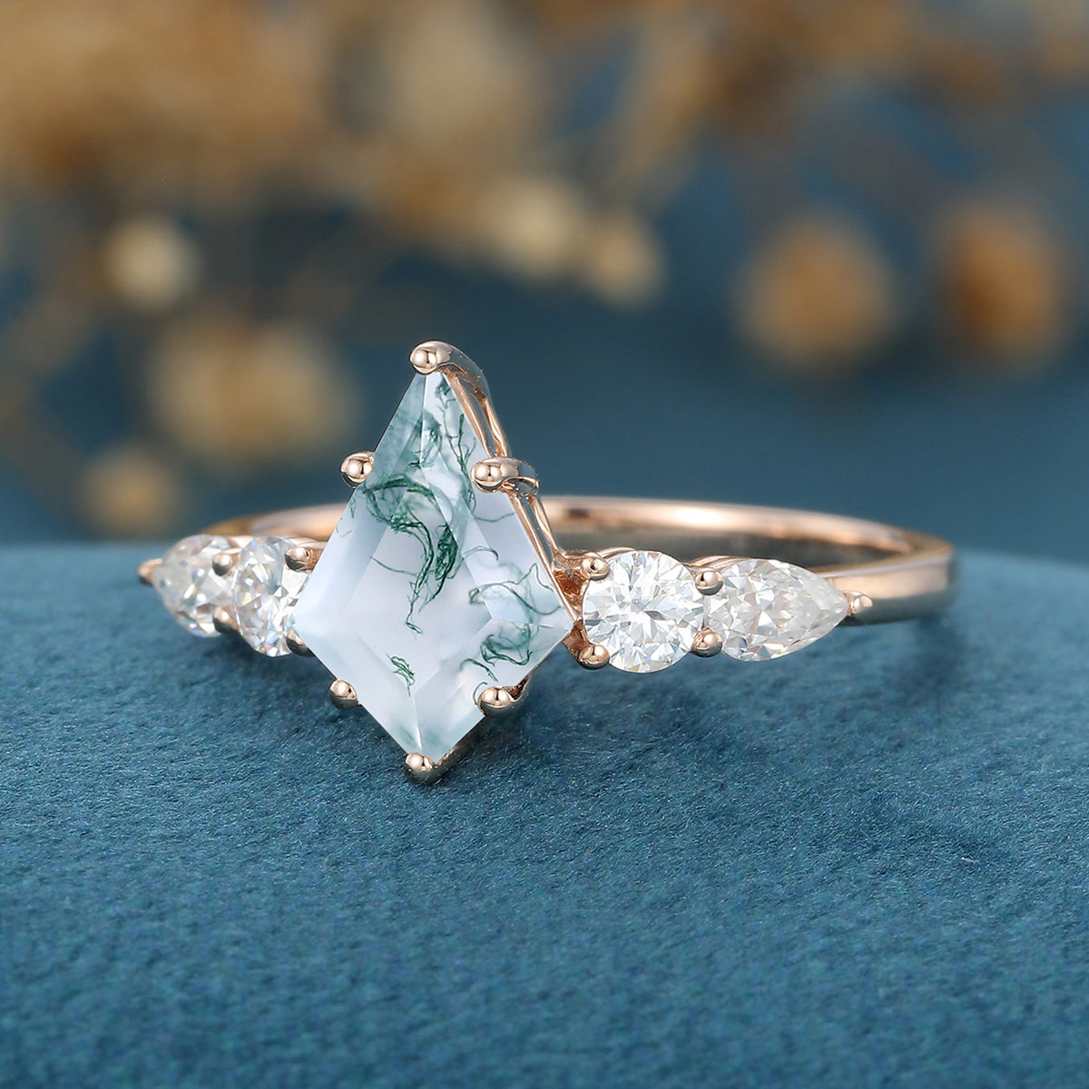 Kite Cut Natural Green Moss Agate Cluster Engagement Ring