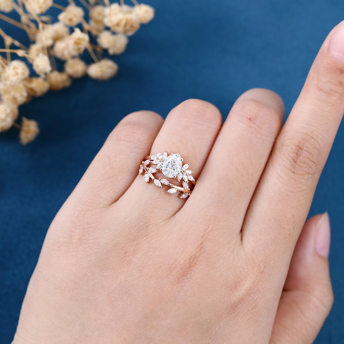 1.2Carat Pear cut Moissanite Engagement Ring Cluster Diamonds Rose Gold Wedding Bridal Set (Copy)