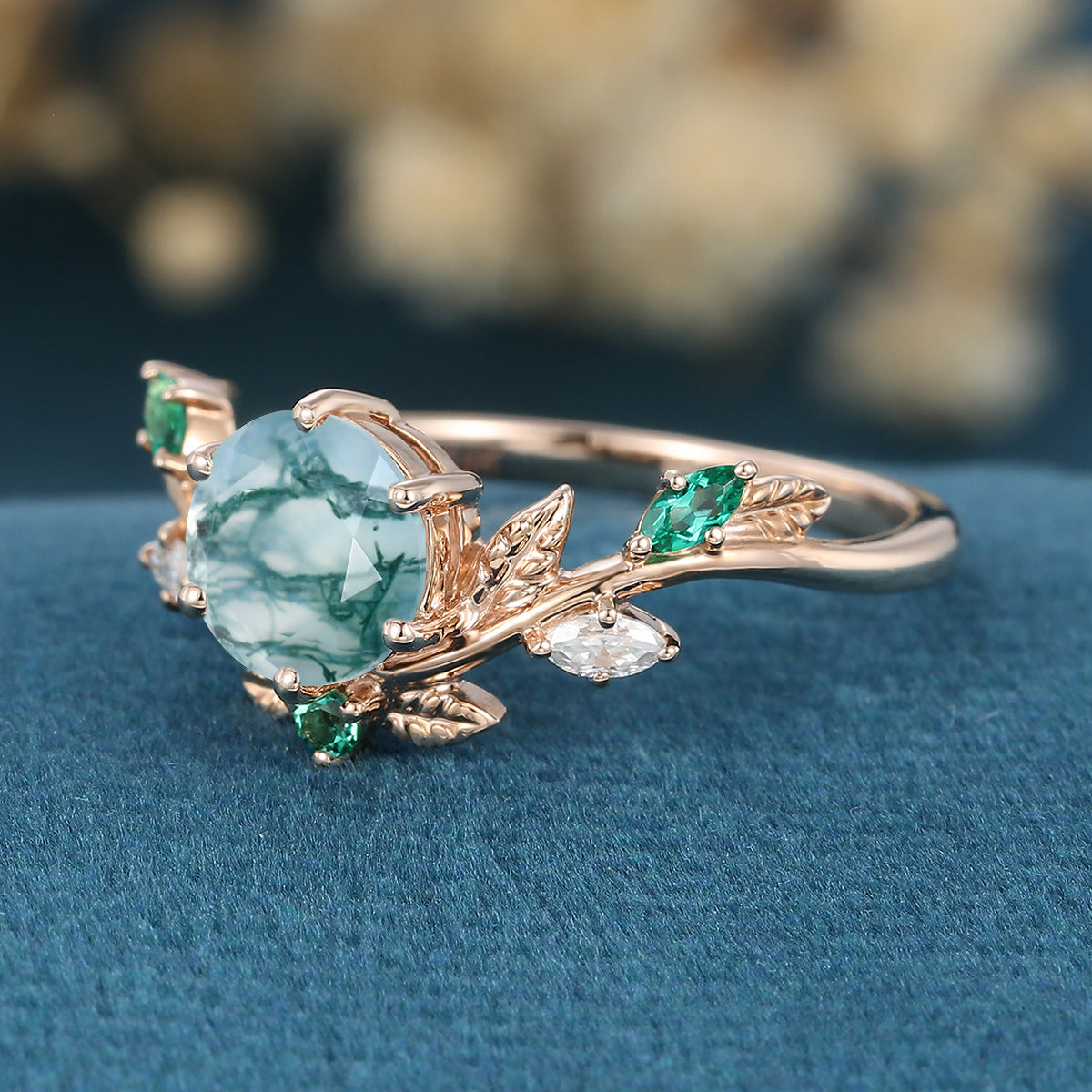Nature Inspired Round cut Moss Agate Leaf Gold ring set