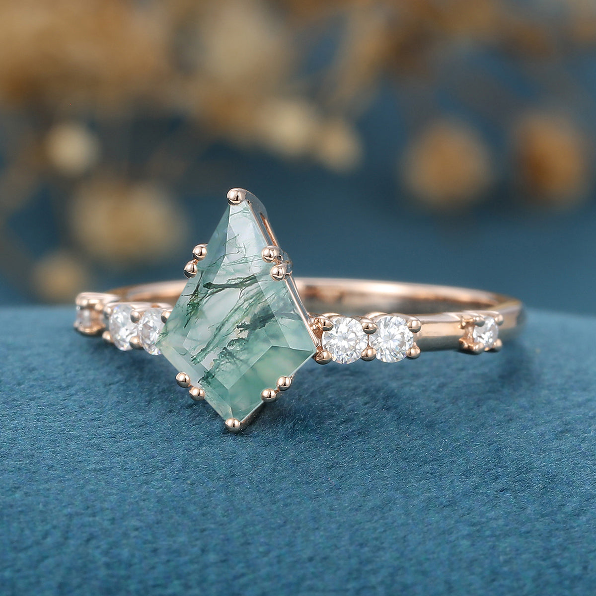 Kite Cut Natural Green Moss Agate Cluster Engagement Ring