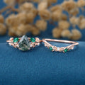 Pear cut Moss Agate Engagement ring + Lab Emerald Curved Wedding bridal set