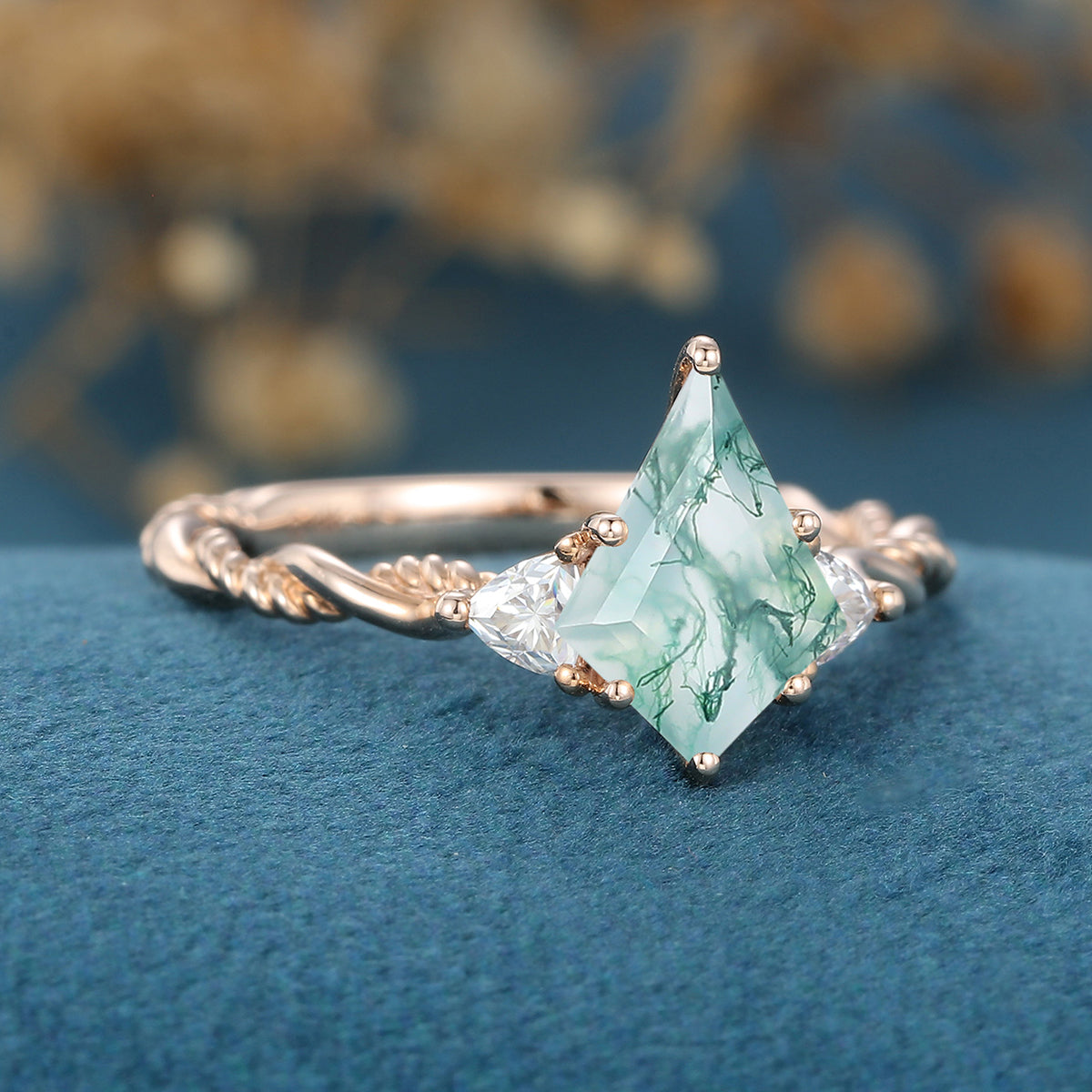 Kite Cut Natural Green Moss Agate Cluster Engagement Ring