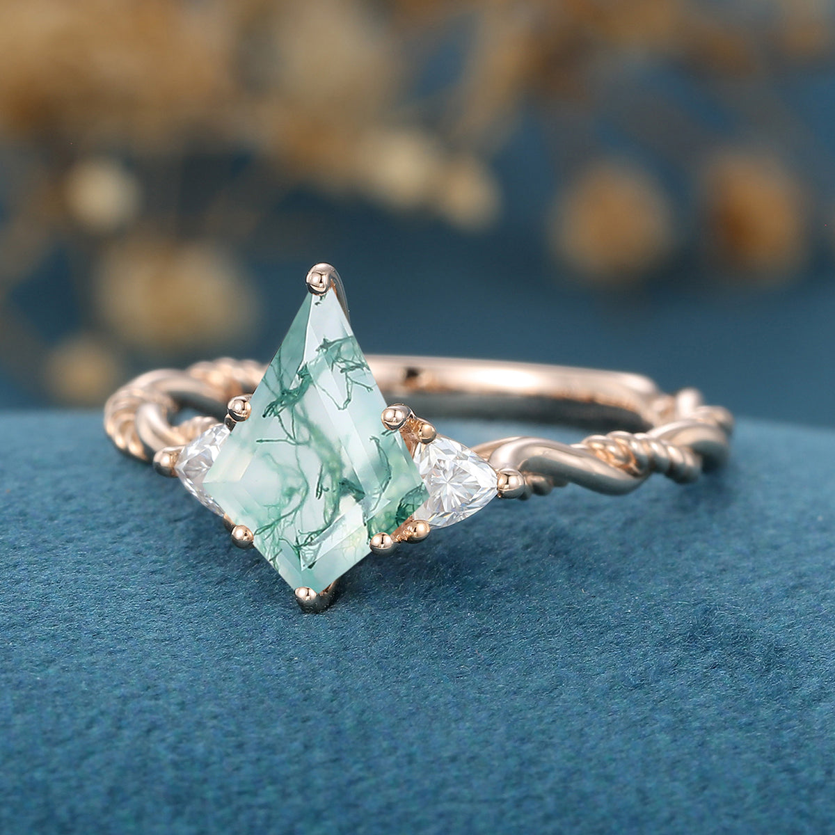 Kite Cut Natural Green Moss Agate Cluster Engagement Ring