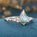 Kite Cut Natural Green Moss Agate Cluster Engagement Ring
