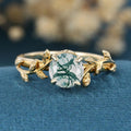 Nature Inspired Round cut Moss Agate Leaf Gold Engagement Ring