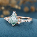 Kite Cut Natural Green Moss Agate Cluster Engagement Ring