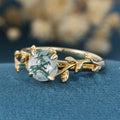 Nature Inspired Round cut Moss Agate Leaf Gold Engagement Ring