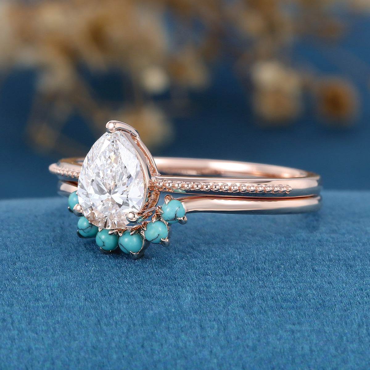 1.2 Carat Pear cut Lab Grown Diamond + Turquoise Wedding bridal set