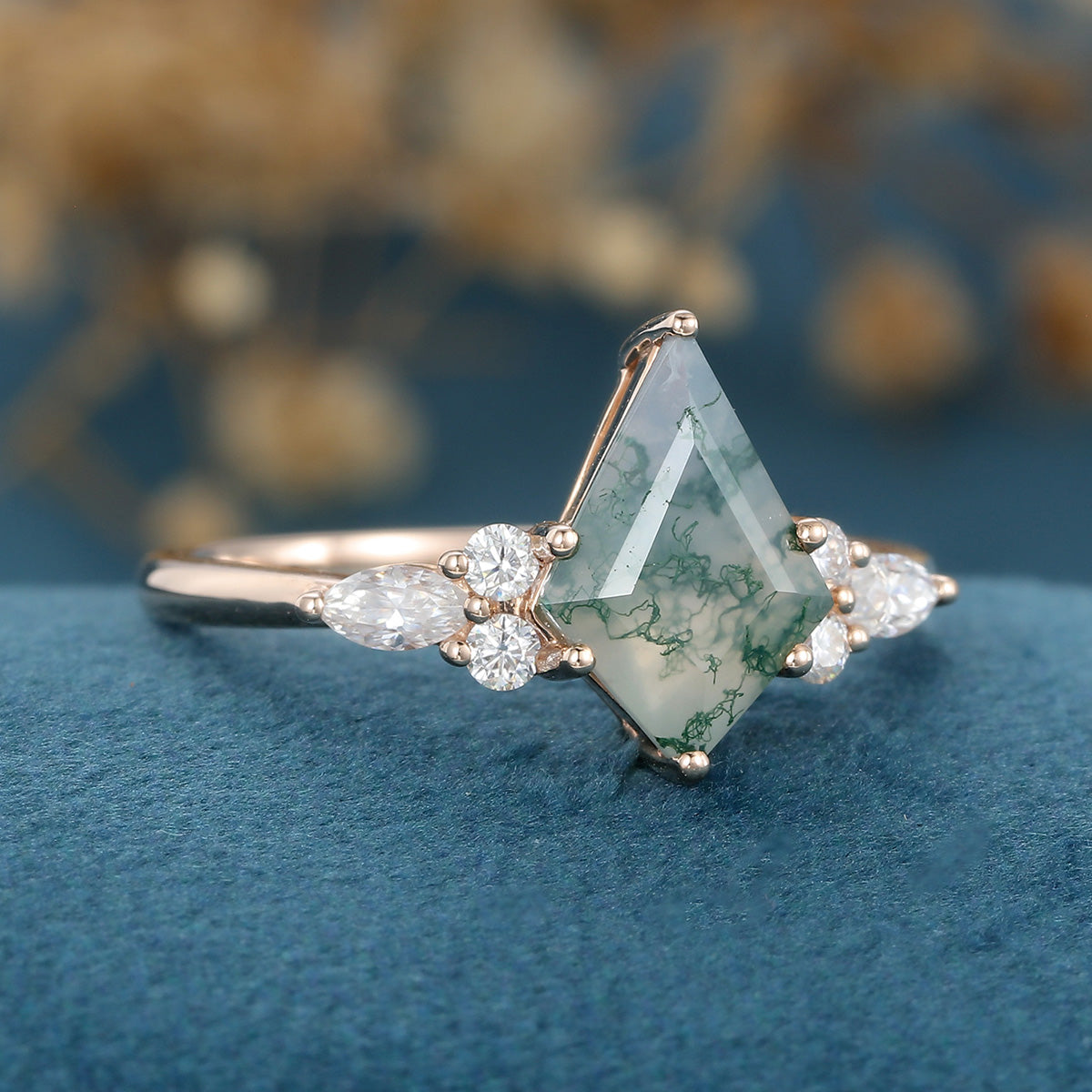 Kite Cut Natural Green Moss Agate Cluster Engagement Ring