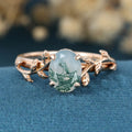 Nature Inspired Oval cut Moss Agate Leaf Gold Engagement Ring