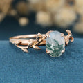 Nature Inspired Oval cut Moss Agate Leaf Gold Engagement Ring