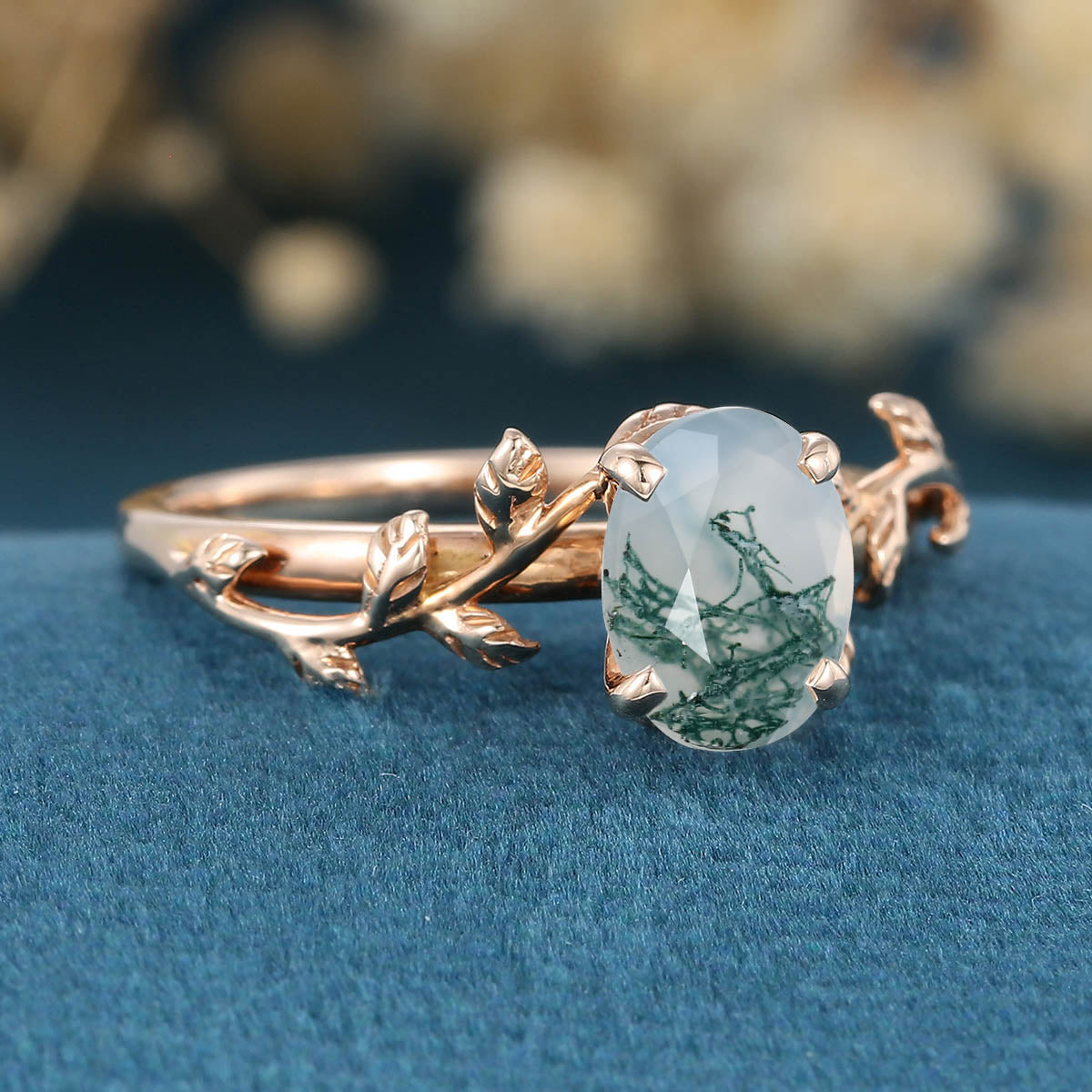Nature Inspired Oval cut Moss Agate Leaf Gold Engagement Ring