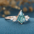 Kite Cut Natural Green Moss Agate Cluster Engagement Ring