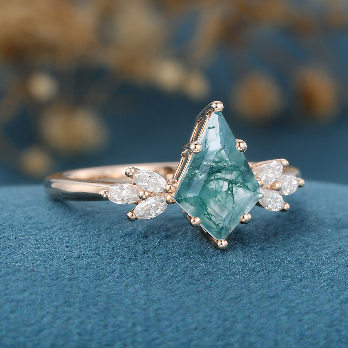 Kite Cut Natural Green Moss Agate Cluster Engagement Ring