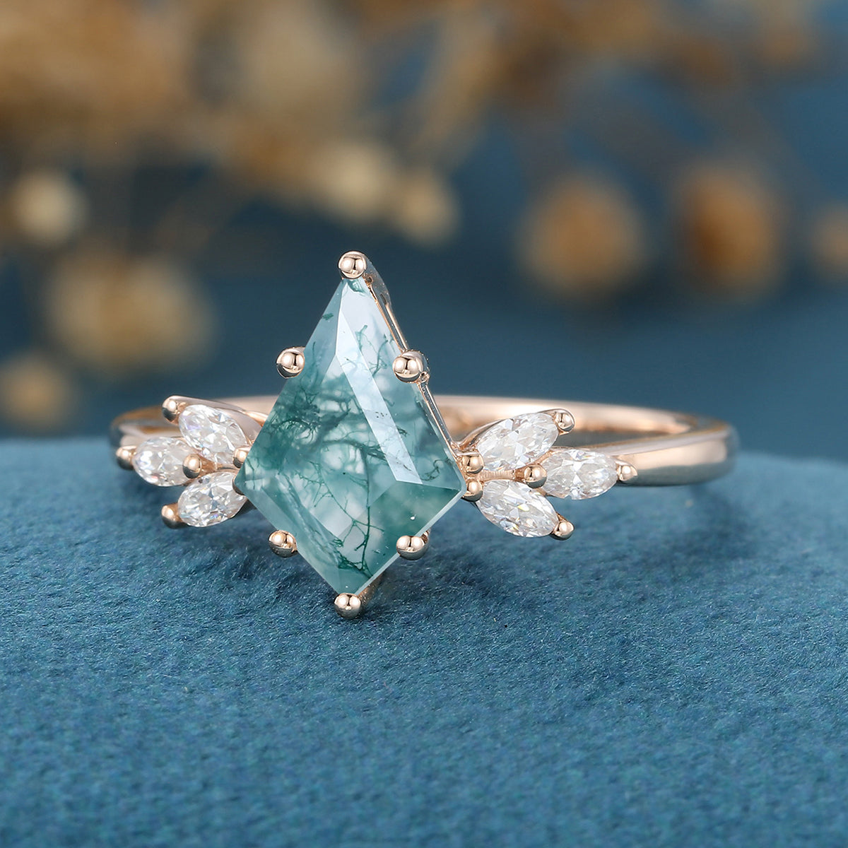 Kite Cut Natural Green Moss Agate Cluster Engagement Ring
