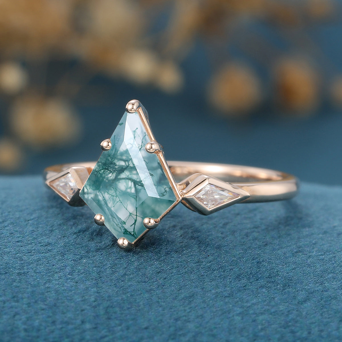 Kite Cut Natural Green Moss Agate Cluster Engagement Ring