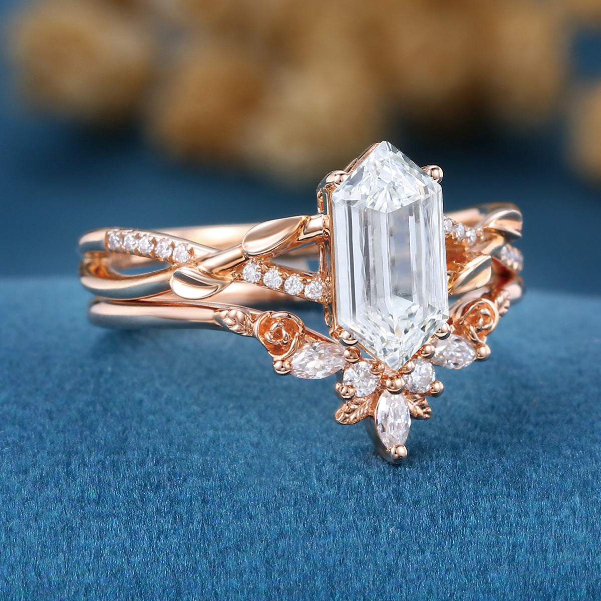 Long Hexagon cut Lab-Grown Diamond Wedding Bridal Set