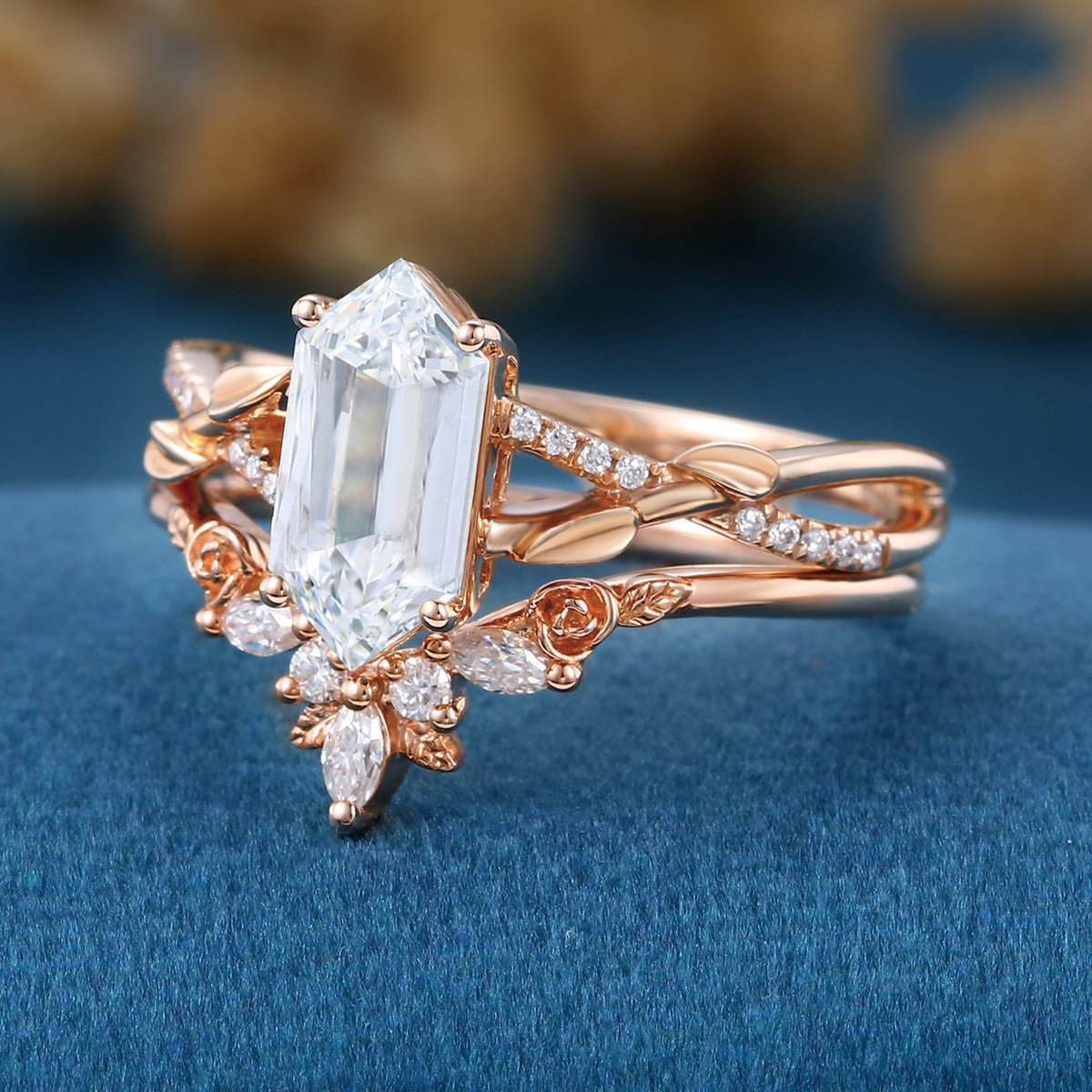 Long Hexagon cut Lab-Grown Diamond Wedding Bridal Set