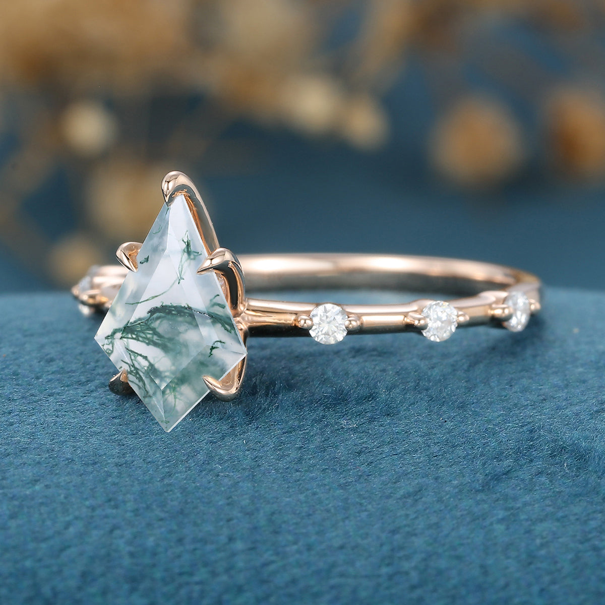 Kite Cut Natural Green Moss Agate Cluster Engagement Ring