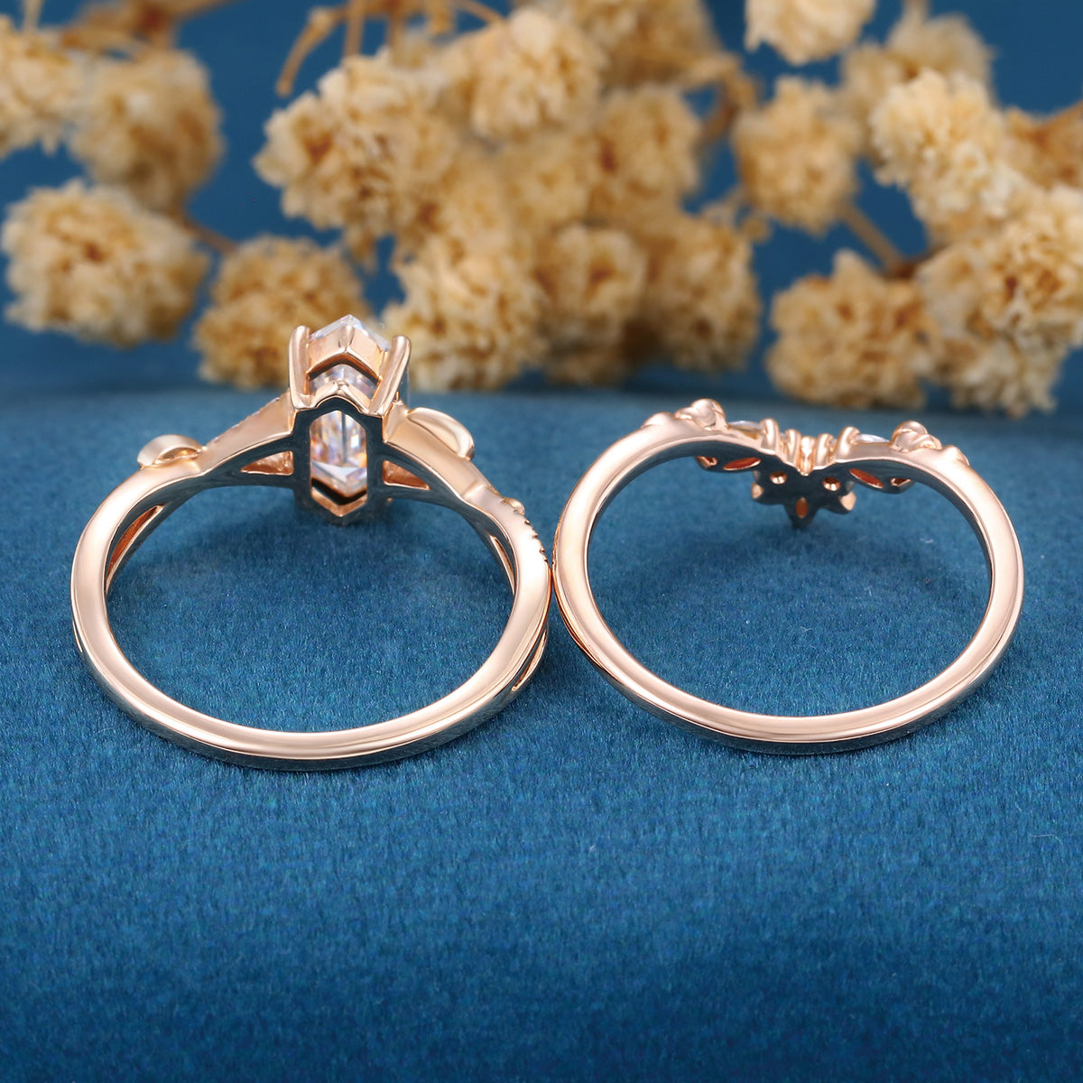 Long Hexagon cut Lab-Grown Diamond Wedding Bridal Set
