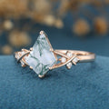 Kite Cut Natural Green Moss Agate Cluster Engagement Ring