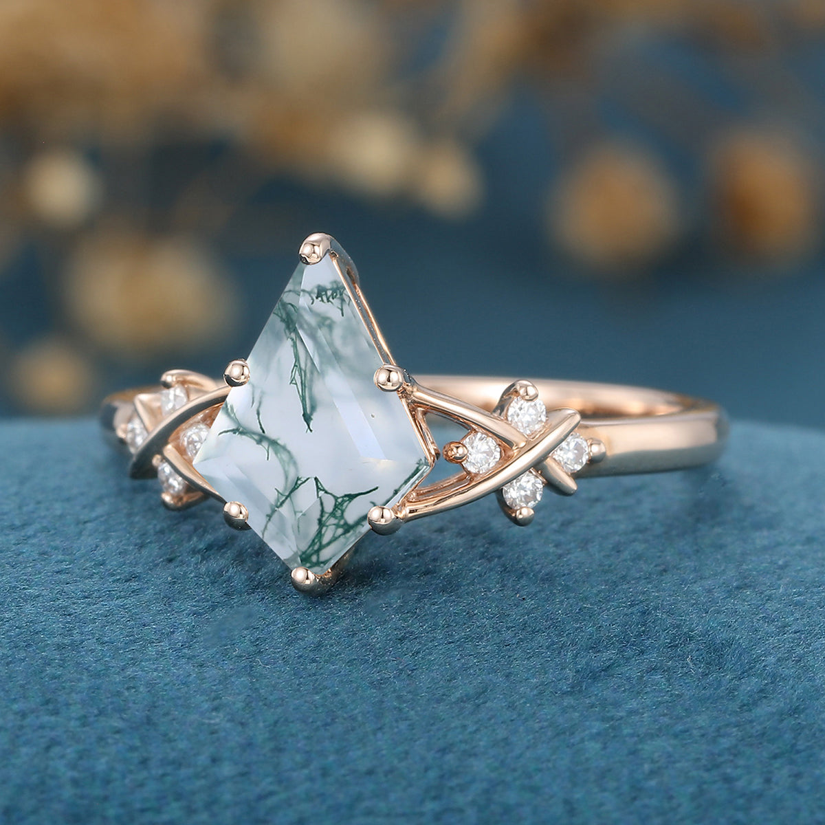Kite Cut Natural Green Moss Agate Cluster Engagement Ring
