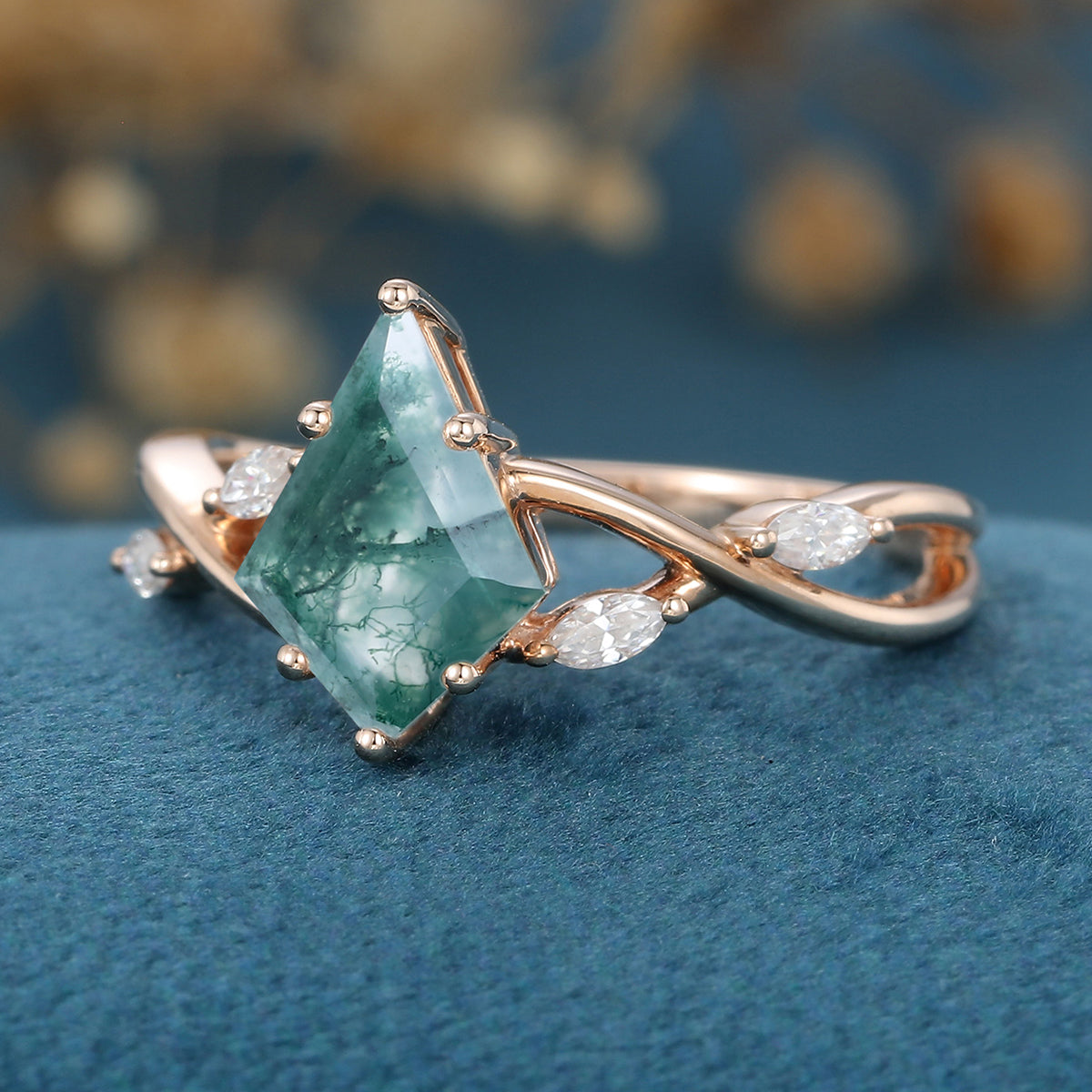 Kite Cut Natural Green Moss Agate Cluster Engagement Ring
