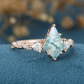 Kite Cut Natural Green Moss Agate Cluster Engagement Ring
