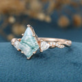 Kite Cut Natural Green Moss Agate Cluster Engagement Ring