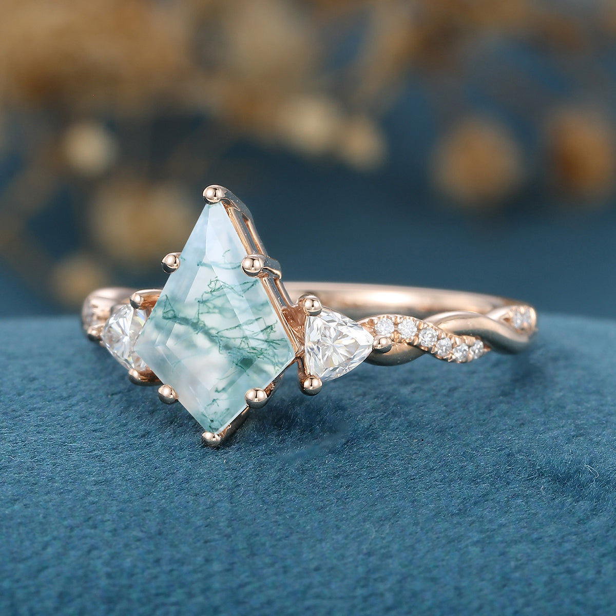 Kite Cut Natural Green Moss Agate Cluster Engagement Ring