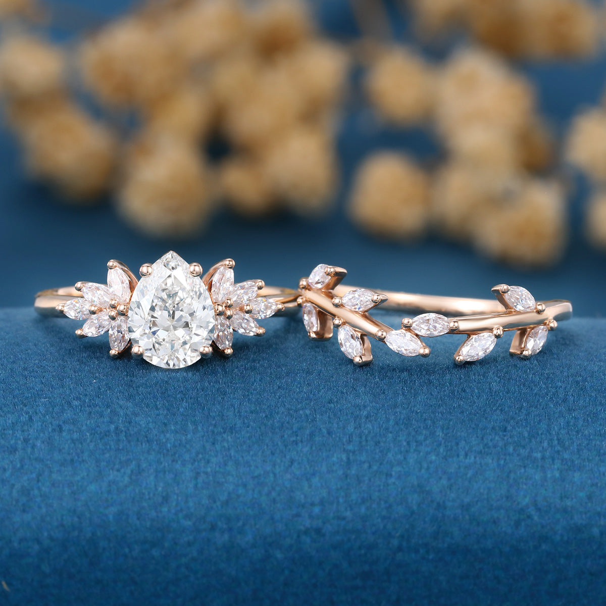 1.2Carat Pear cut Moissanite Engagement Ring Cluster Diamonds Rose Gold Wedding Bridal Set (Copy)