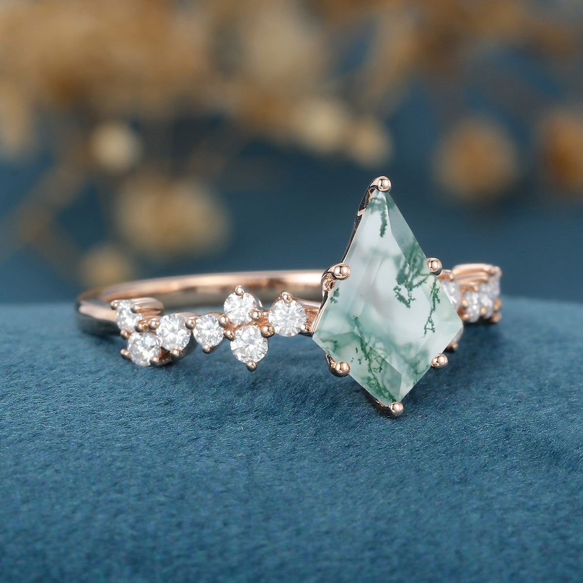 Kite Cut Natural Green Moss Agate Cluster Engagement Ring