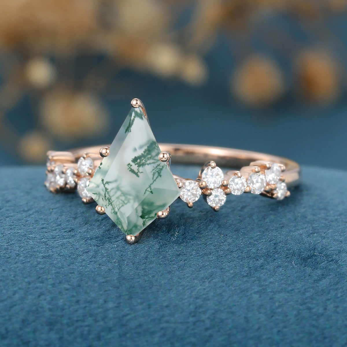 Kite Cut Natural Green Moss Agate Cluster Engagement Ring