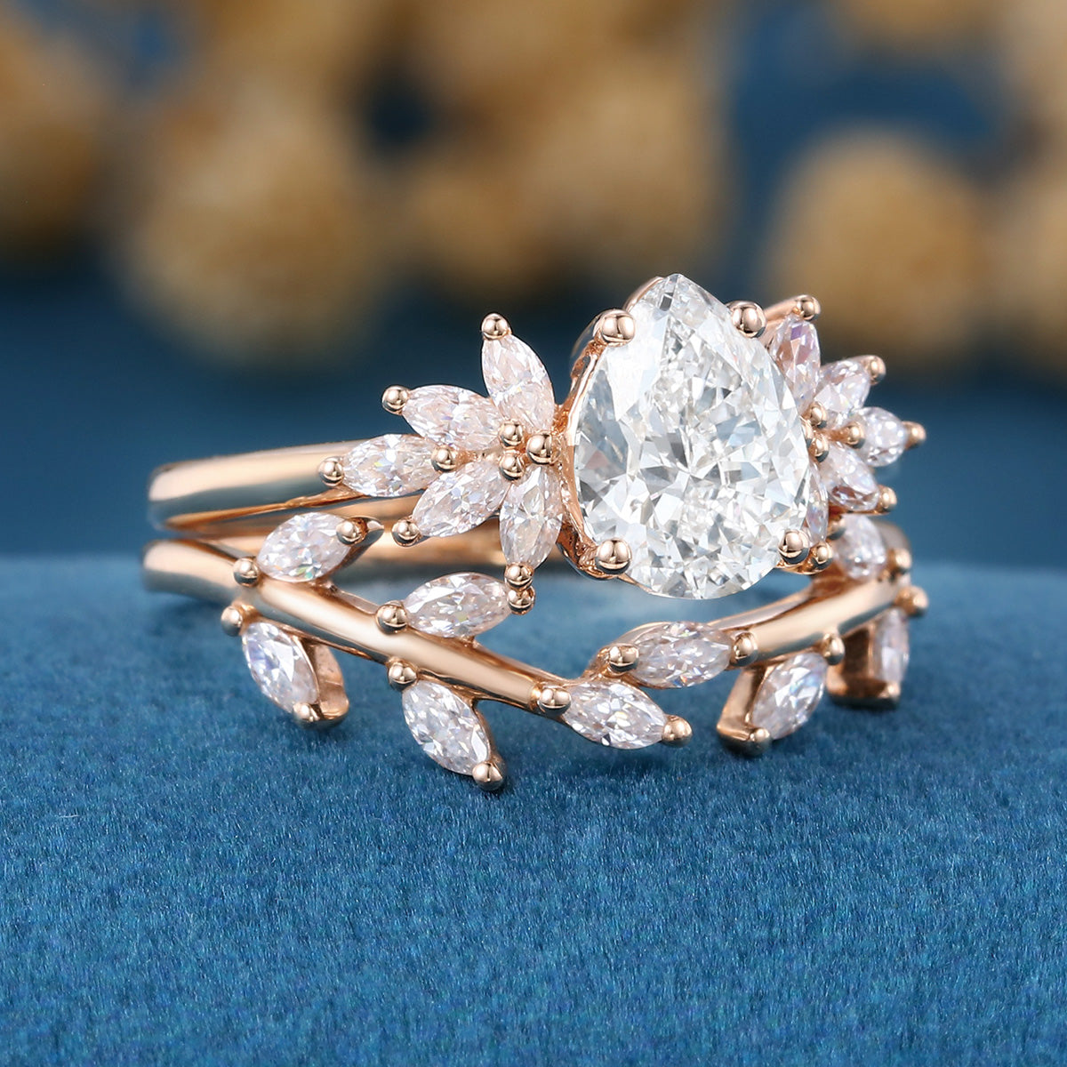 1.2Carat Pear cut Moissanite Engagement Ring Cluster Diamonds Rose Gold Wedding Bridal Set (Copy)