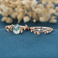 Nature Inspired Oval cut Moss Agate Leaf Gold ring set