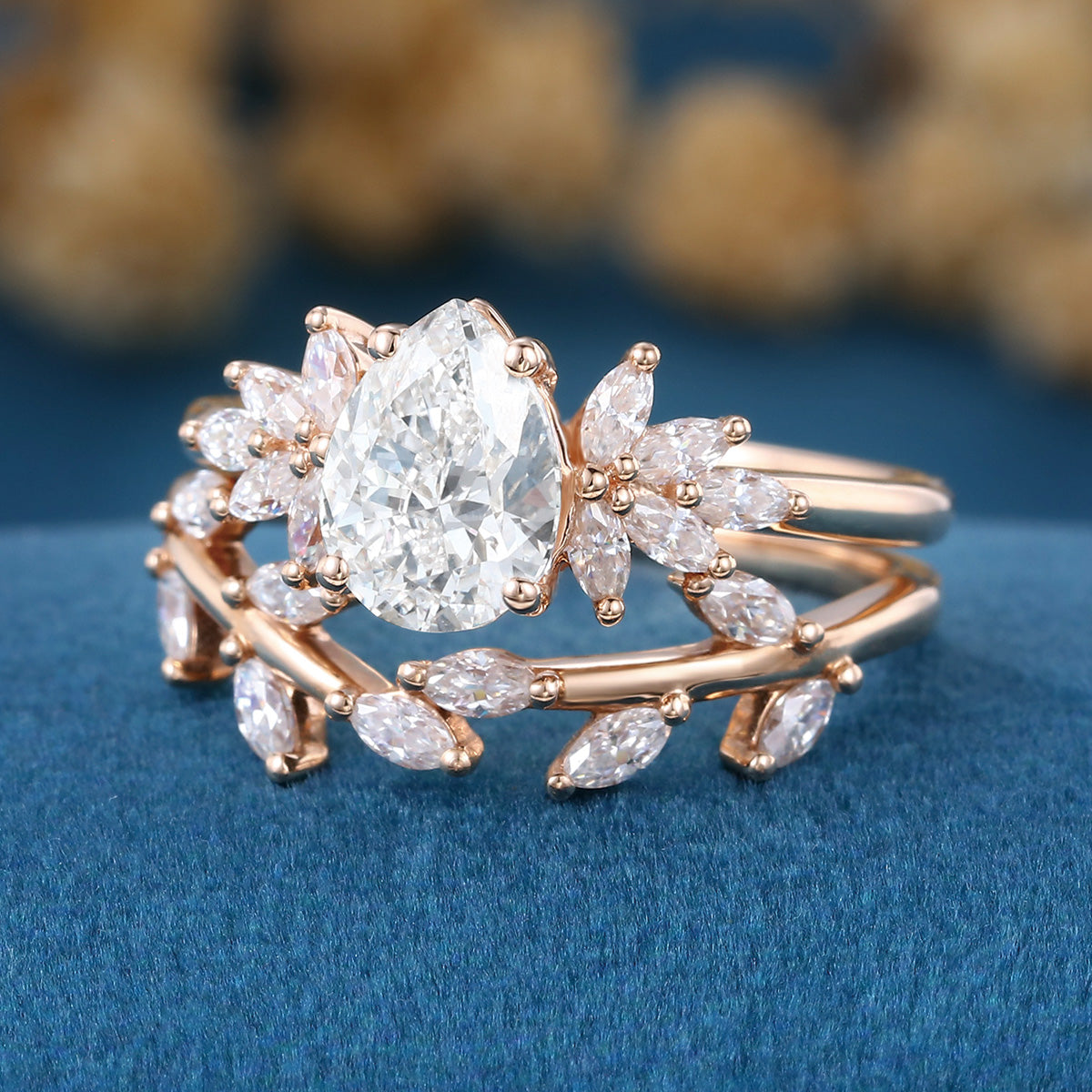 1.2Carat Pear cut Moissanite Engagement Ring Cluster Diamonds Rose Gold Wedding Bridal Set (Copy)