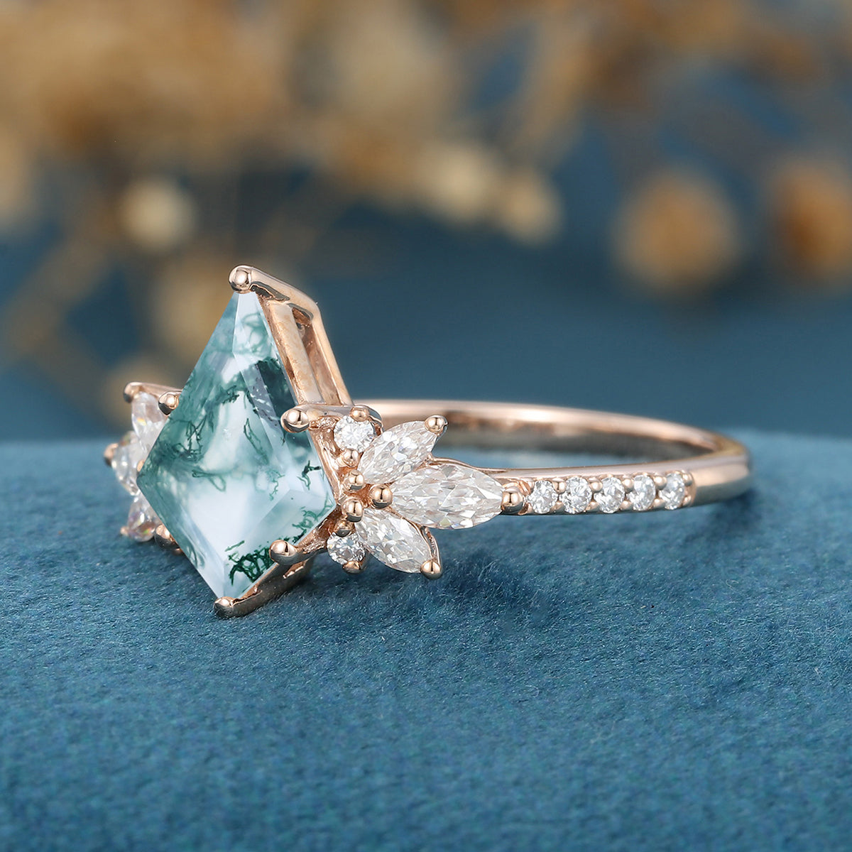 Kite Cut Natural Green Moss Agate Cluster Engagement Ring