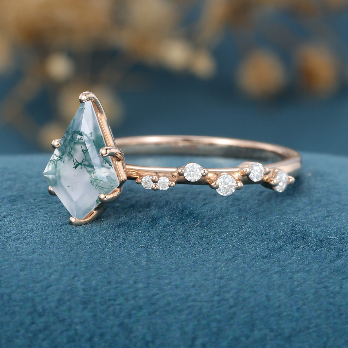 Kite Cut Natural Green Moss Agate Cluster Engagement Ring