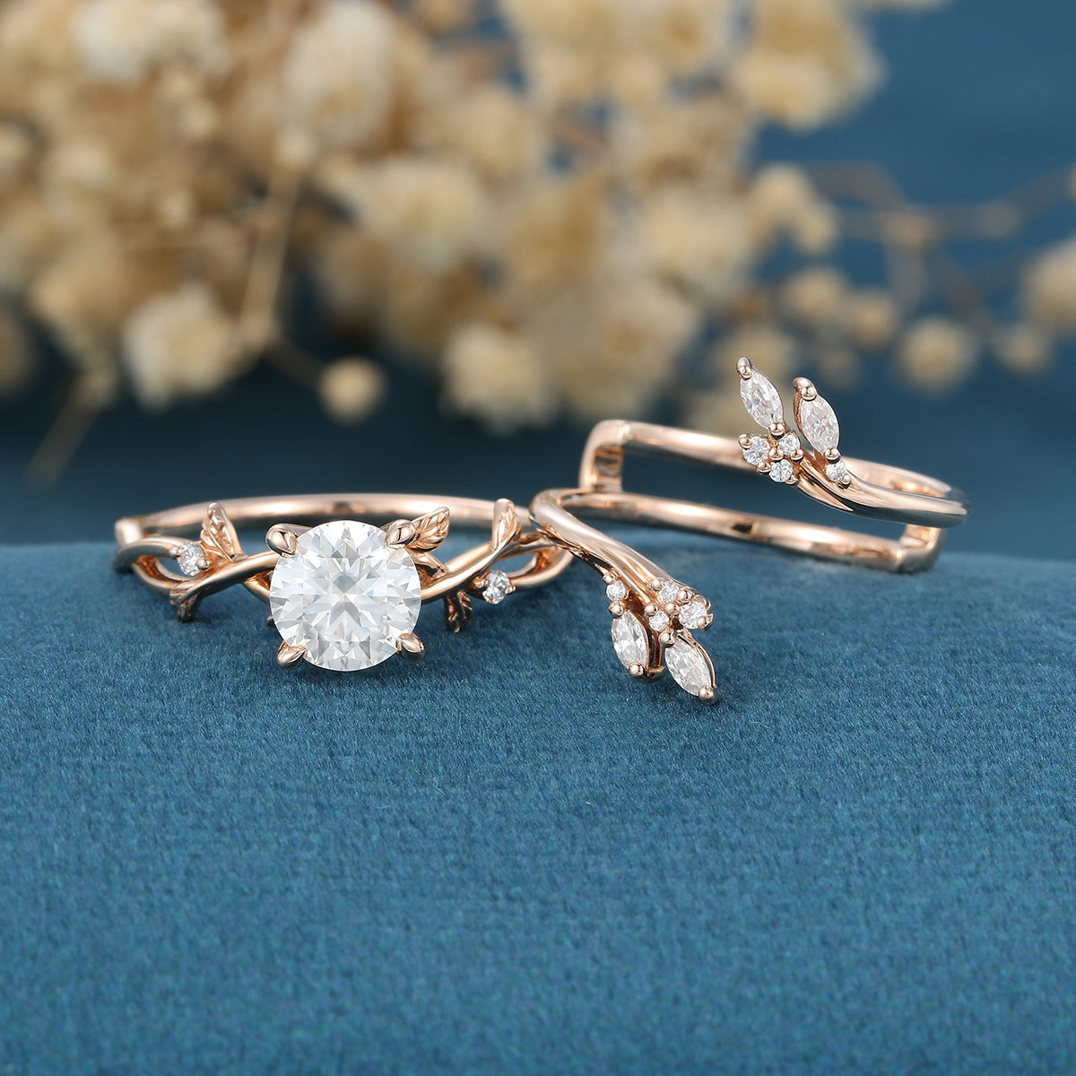 Copy of Nature Inspired Round cut Moss Agate Leaf Gold ring set