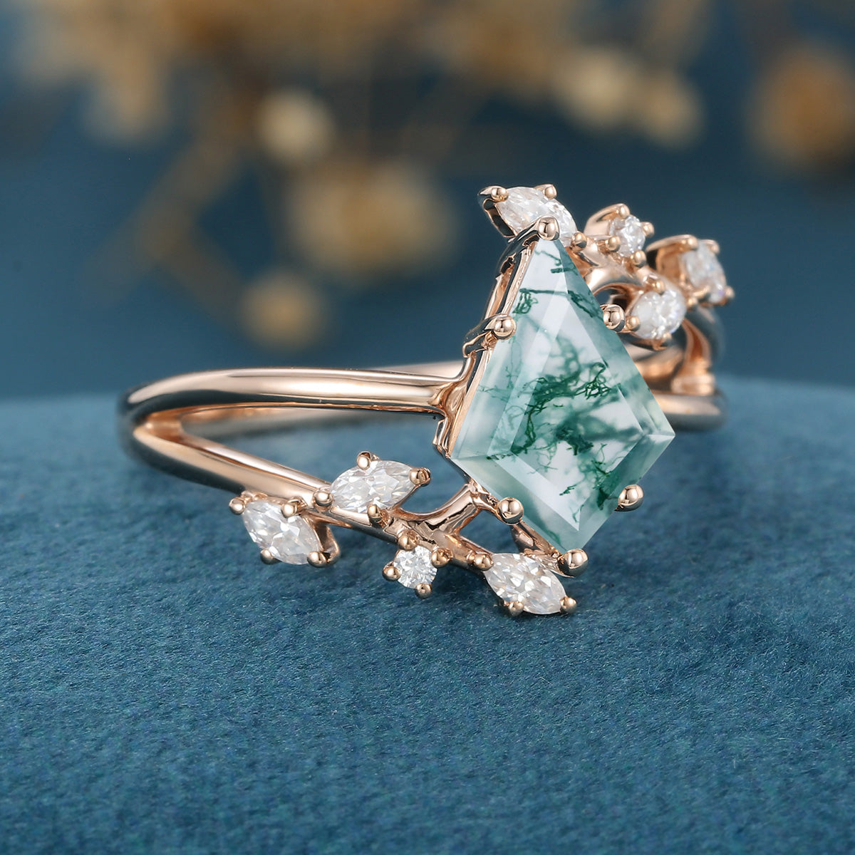 Kite Cut Natural Green Moss Agate Cluster Engagement Ring
