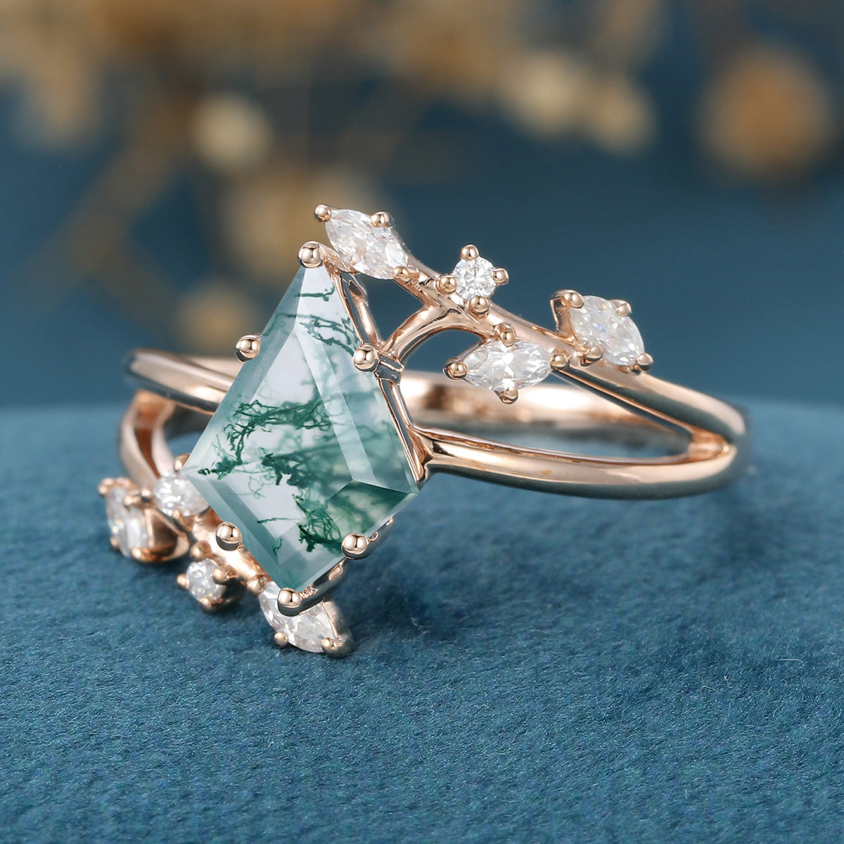 Kite Cut Natural Green Moss Agate Cluster Engagement Ring