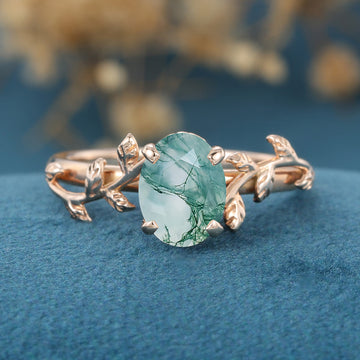 Oval Cut Natural Green Moss Agate Cluster Engagement Ring