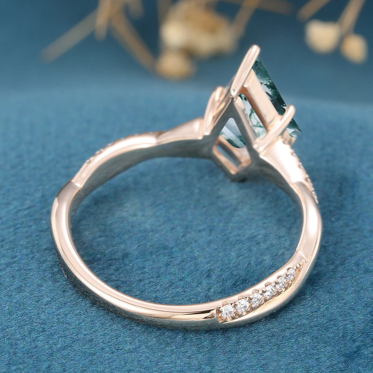 Kite Cut Natural Green Moss Agate Cluster Engagement Ring