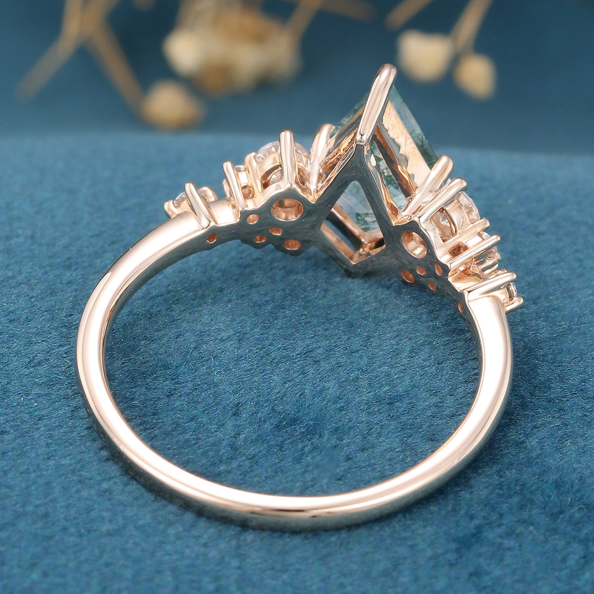 Kite Cut Natural Green Moss Agate Cluster Engagement Ring