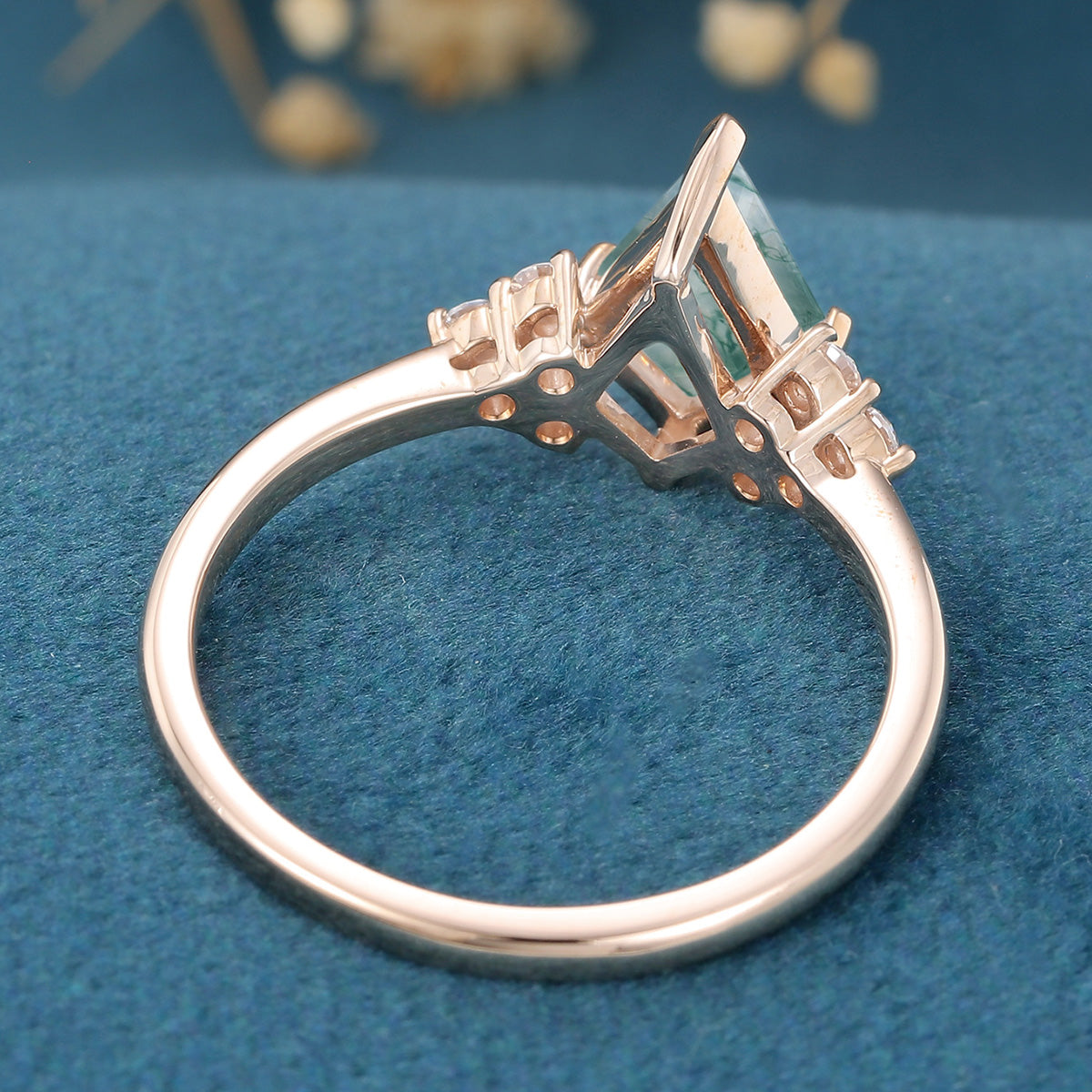 Kite Cut Natural Green Moss Agate Cluster Engagement Ring