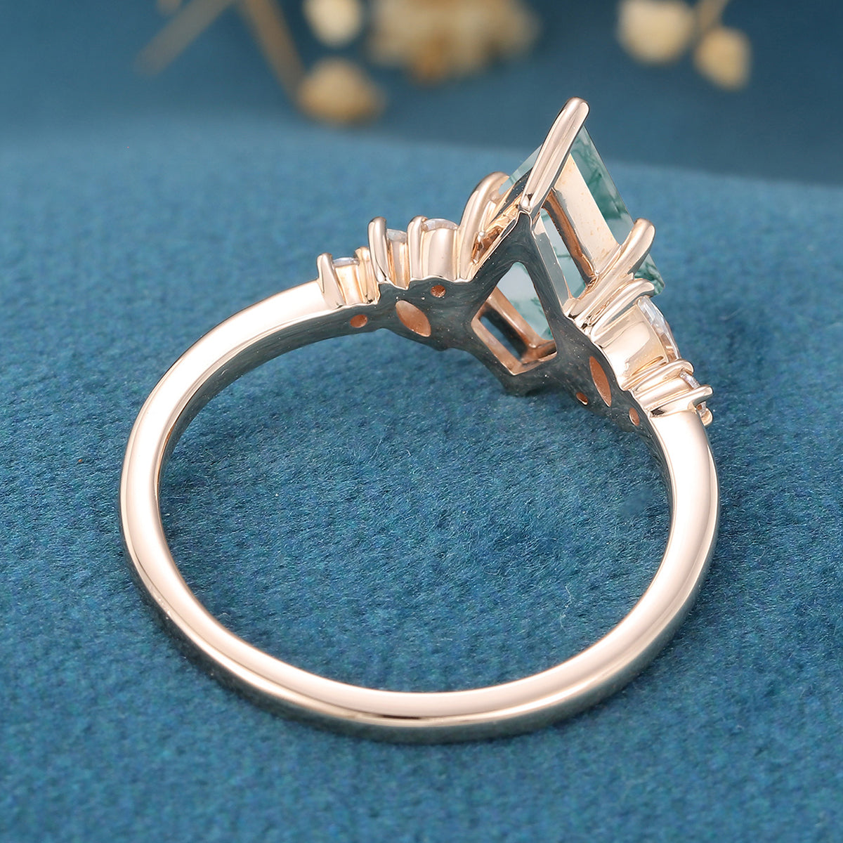 Kite Cut Natural Green Moss Agate Cluster Engagement Ring