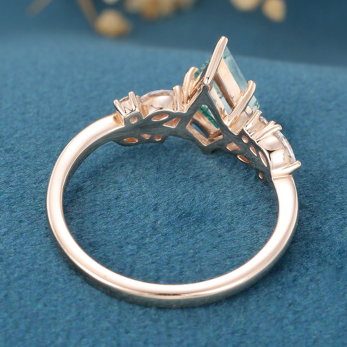 Kite Cut Natural Green Moss Agate Cluster Engagement Ring